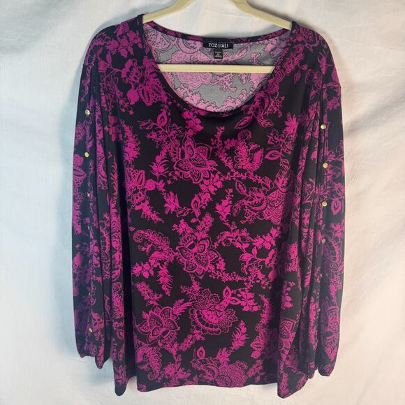 Roz &Ali Woman Plus 3X Black/Purple Floral Top Blouse Slit Sleeve Gold Button - Picture 1 of 8